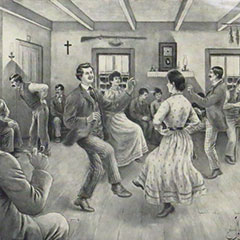 Drawing depicting an old-time evening-gathering. In the centre, people are dancing to the sound of the violin, and people around them are talking.