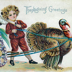 Greeting card on which a child guides a cart containing an ear of corn. The cart is pulled by a turkey.