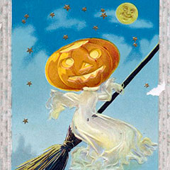 Halloween greeting card on which a ghost dressed in white with a carved pumpkin for a head is sitting on a flying broomstick.