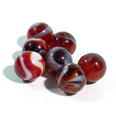 Red and white glass marbles.
