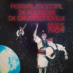 Festival poster. In the background is the planet Earth. In the foreground, a man is playing a music instrument and a couple is dancing.