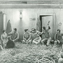 Drawing depicting a corn roast where, just as he found the coloured corn, a man tries to kiss a woman who turns away.