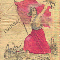 Front cover drawing of The Internationale score. A topless woman is waving a flag and broken chains . People are cheering her.