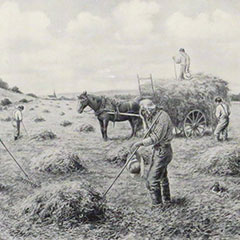 Drawing of the Angelus where farmers suspend their work in the fields to pray to the sound of the parish church bells.
