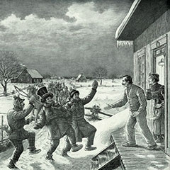 Drawing depicting Mardi Gras, where villagers dressed in rags are knocking on the door of a house.