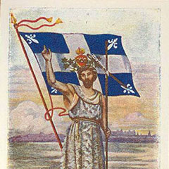 Drawing of St. John the Baptist with a sheep at his feet, and in the background, the Québec Carillon-Sacré-Cœur flag.